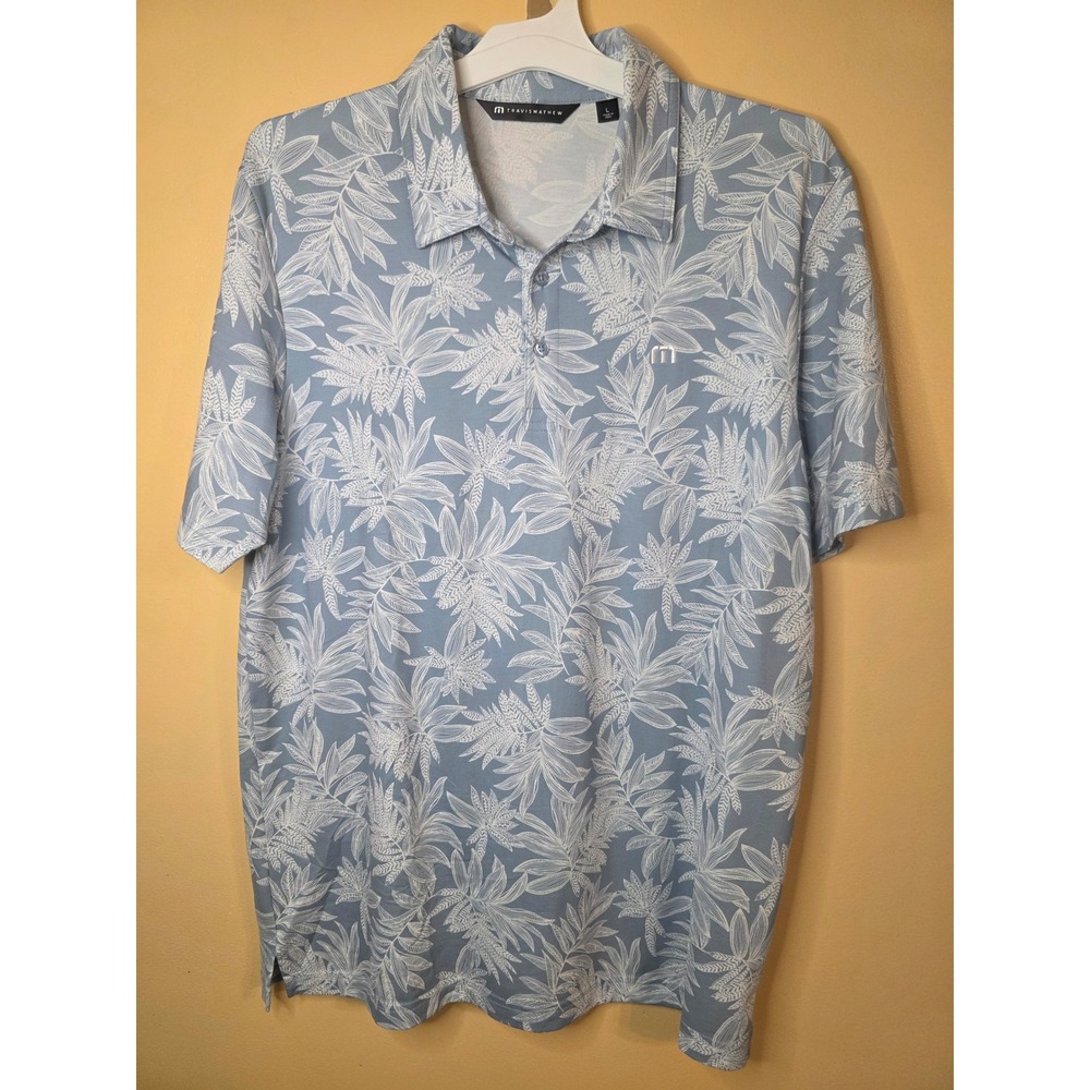 TravisMathew Mens Tropical Leaf Print Golf Polo Shirt Light Blue Large